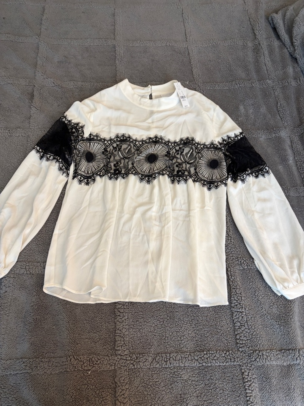 New York & Company White Blouse with Black Lace Band